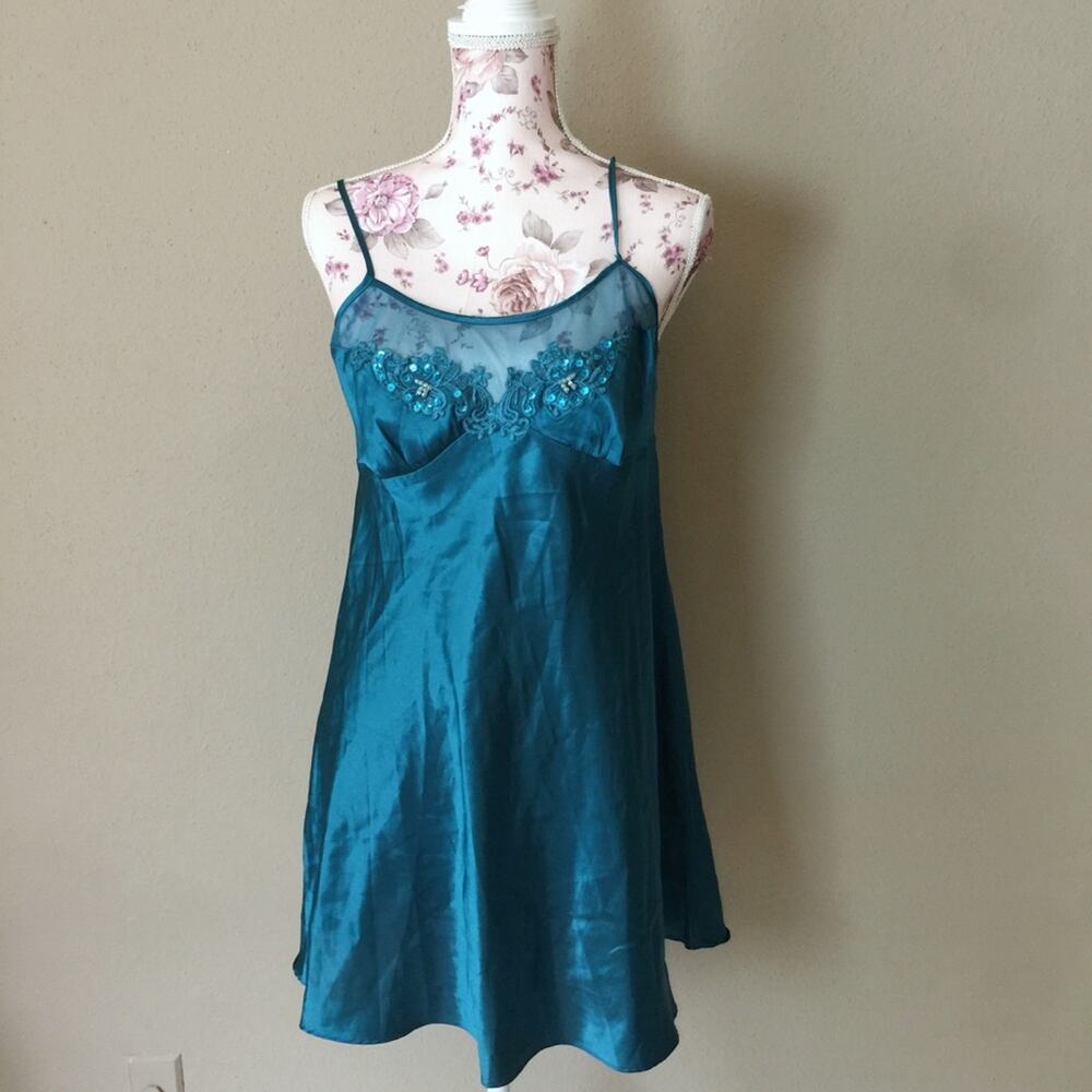 Whispers peacock green beaded satin and mesh slip.-DA4